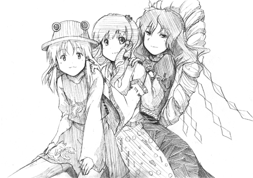 kochiya_sanae, lowres, monochrome, moriya_suwako, shironeko, sketch, touhou, tsuji_kazuo