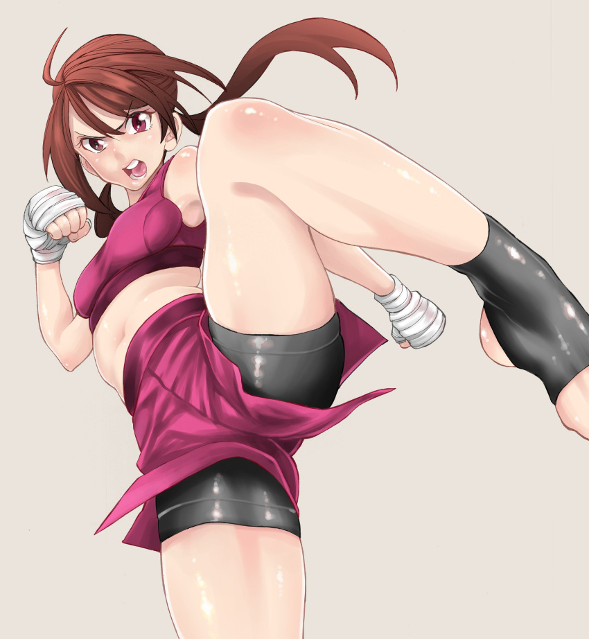 1girl, absurdres, bandaged_hands, bike_shorts, brown_hair, frown, highres, kickboxing