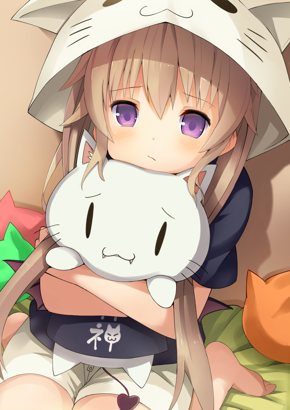 1girl, :3, animal_hat, animal_hood, ao_no_kanata_no_four_rhythm, arisaka_mashiro, bangs, barefoot, blush, brown_hair, cat, cat_hat, closed_mouth, clothes_writing, demon_tail, dutch_angle, fang_out, fangs, from_above, hat, highres, holding_cat, hood, light_brown_hair, long_hair, looking_at_viewer, pillow, shadow, sitting, solo, tail, u_rin, violet_eyes, wariza, white_shorts, zipper
