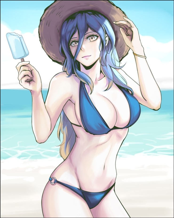 1girl, alternate_hairstyle, bikini, blonde_hair, blue_bikini, blue_hair, bracelet, breasts, cal_(pmgdd), cleavage, gradient_hair, hat, jewelry, large_breasts, league_of_legends, long_hair, multicolored_hair, navel, o-ring_bikini, ocean, popsicle, solo, sona_buvelle, straw_hat, swimsuit, yellow_eyes