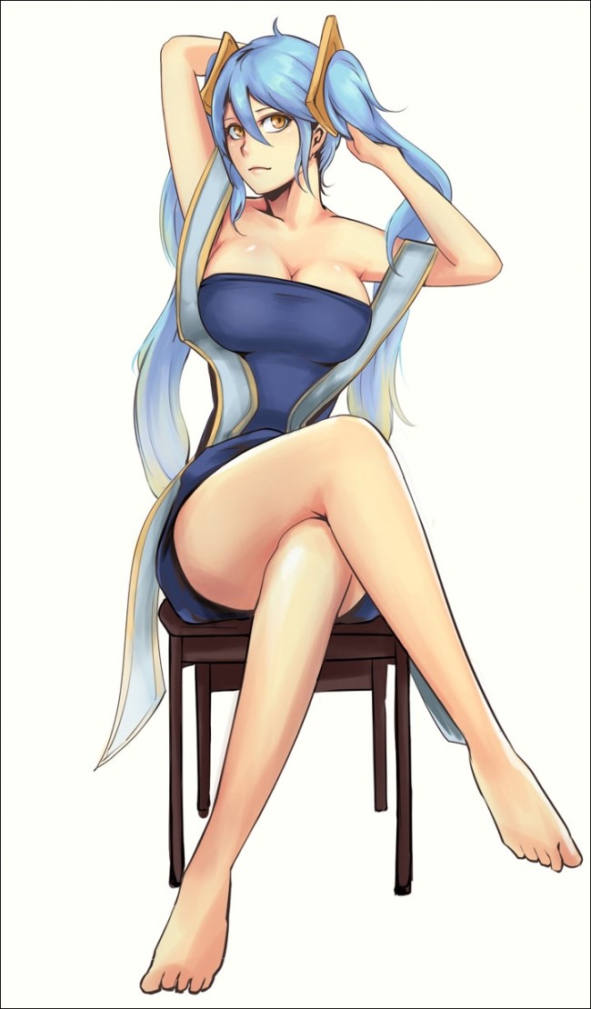 1girl, adjusting_hair, barefoot, blue_hair, breasts, cal_(pmgdd), chair, cleavage, crossed_legs, dress, hair_ornament, large_breasts, league_of_legends, long_hair, short_dress, simple_background, sitting, solo, sona_buvelle, twintails, very_long_hair, white_background, yellow_eyes