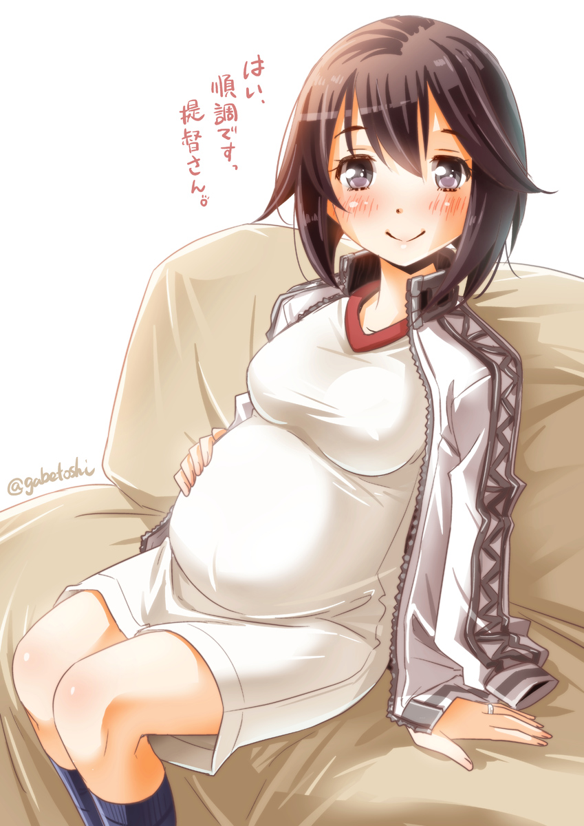 1girl, black_hair, check_translation, couch, hayasui_(kantai_collection), highres, jacket, kantai_collection, maternity_dress, open_clothes, open_jacket, pregnant, short_hair, sitting, sogabe_toshinori, solo, track_jacket, translated, violet_eyes