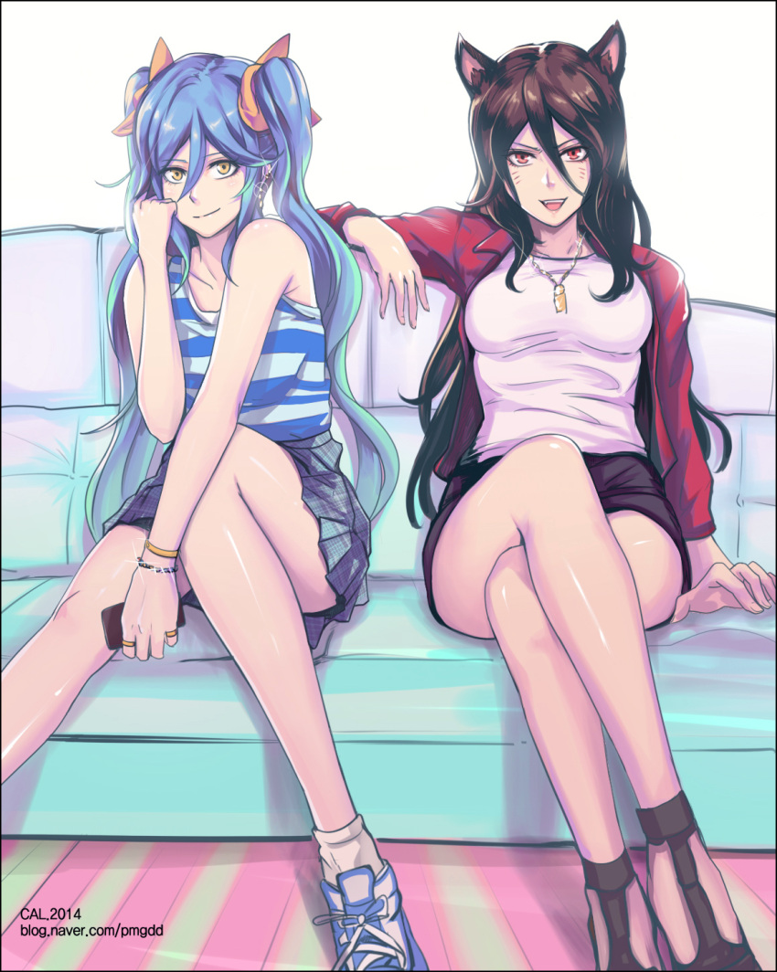 2girls, :d, ahri, animal_ears, artist_name, blue_hair, bracelet, breasts