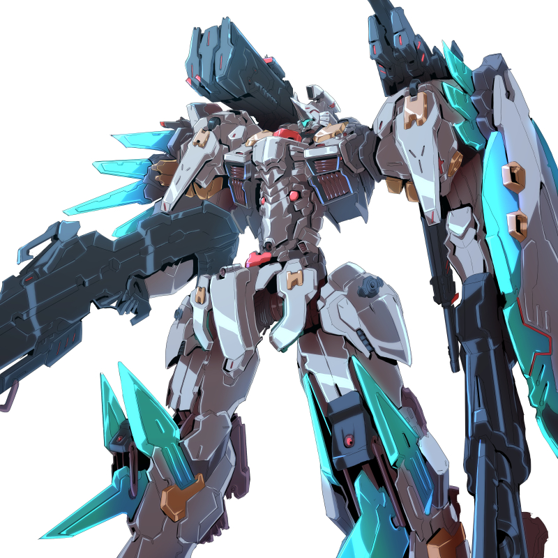 aqua_eyes, borrowed_character, gun, huge_weapon, mecha, multiple_wielding, no_humans, original, rifle, sakusakusakurai, science_fiction, shield, shoulder_cannon, simple_background, solo, standing, weapon, white_background