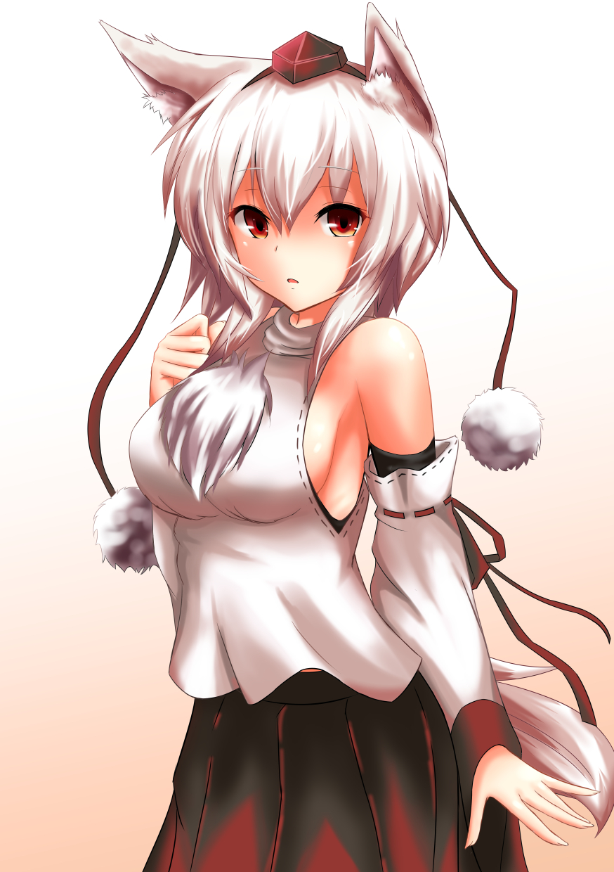 1girl, animal_ears, bare_shoulders, breasts, detached_sleeves, gradient, gradient_background, hat