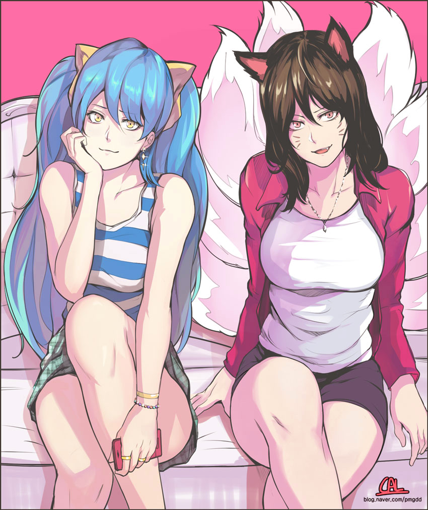 2girls, ahri, animal_ears, artist_name, blue_hair, bracelet, breasts, brown_hair