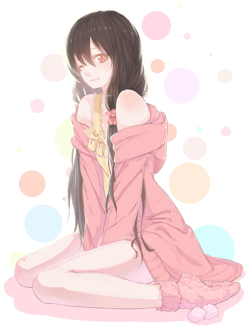 1girl, ;), absurdres, alternate_costume, alternate_hairstyle, bangs, between_legs, black_hair