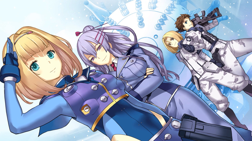 2boys, 2girls, assault_rifle, baby_magnum, black_gloves, blonde_hair, blue_eyes, bodysuit