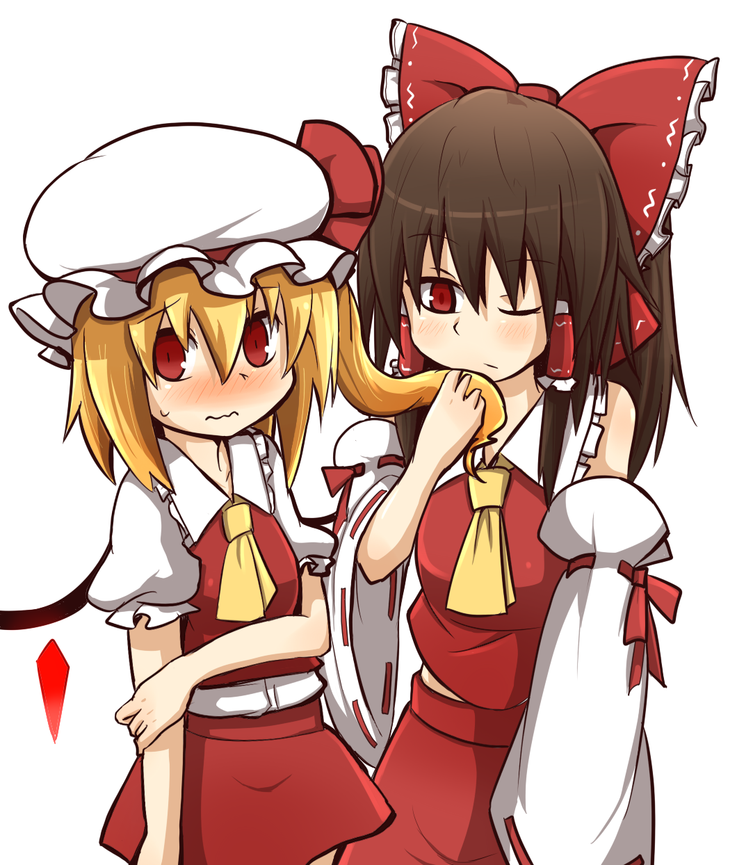 2girls, ascot, blonde_hair, blush, bow, brown_hair, detached_sleeves, flandre_scarlet