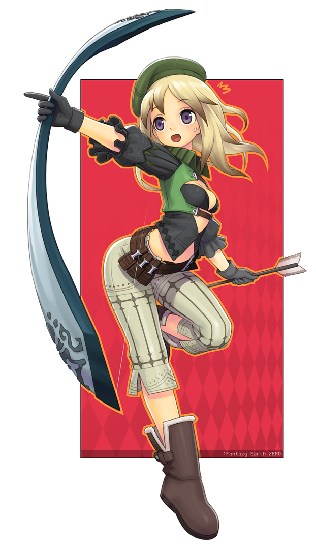 belt, beret, boots, bow_(weapon), bow_and_arrow, capris, cleavage, fantasy_earth_zero