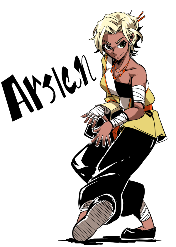 1girl, arslan_altan, bandaged_arm, bandaged_hands, bandaged_leg, bandages, bare_shoulders, black_pants, blonde_hair, character_name, kishiri_(sakurasaku_xyli), pants, rwby, solo, white_background, yellow_eyes
