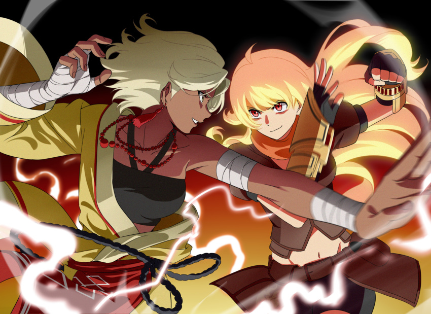 2girls, ahoge, arslan_altan, bandaged_arm, bandaged_hands, bare_shoulders, battle, bead_necklace, belt_pouch, black_gloves, blonde_hair, clenched_hand, closed_mouth, collarbone, cowboy_shot, dark_skin, earrings, electricity, eye_contact, fingerless_gloves, floating_hair, gloves, gradient, gradient_background, halterneck, handwraps, highres, jacket, japanese_clothes, jewelry, kurohane, long_hair, long_sleeves, looking_at_another, motion_blur, multiple_girls, navel, off_shoulder, orange_scarf, outstretched_arm, overskirt, profile, puffy_short_sleeves, puffy_sleeves, red_eyes, rwby, sash, scarf, short_hair, short_sleeves, shorts, silver_hair, smile, smirk, stomach, tassel, vambraces, visible_air, wide_sleeves, yang_xiao_long, yellow_eyes