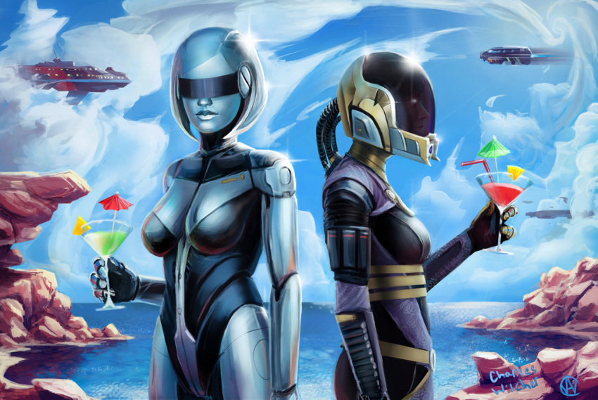 2girls, android, bangs, bob_cut, bodysuit, charlie_wilcher, cocktail, cocktail_glass