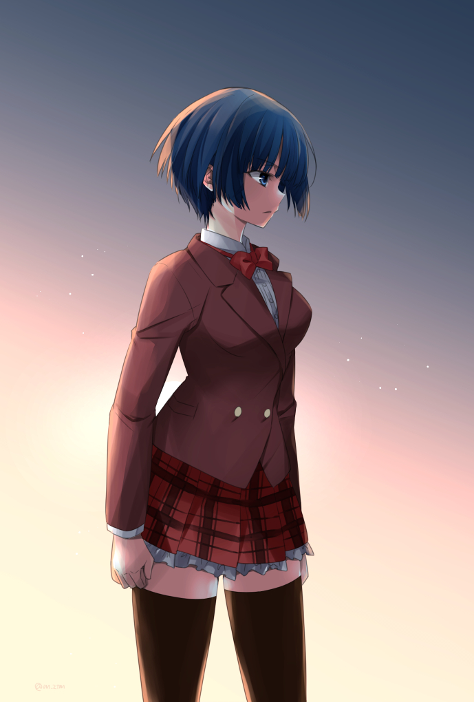 1girl, black_hair, black_legwear, blue_eyes, bow, breasts, clenched_hand, cowboy_shot