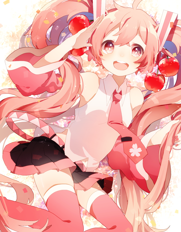 1girl, cherry, detached_sleeves, food, fruit, hatsune_miku, long_hair, looking_at_viewer