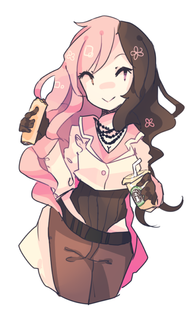 1girl, :>, belt, breasts, burrito, buttons, cleavage, coffee, food, gloves, jewelry, long_hair, long_sleeves, multicolored_hair, necklace, neo_(rwby), rwby, sil_(panchuari), sleeve_cuffs, solo, starbucks