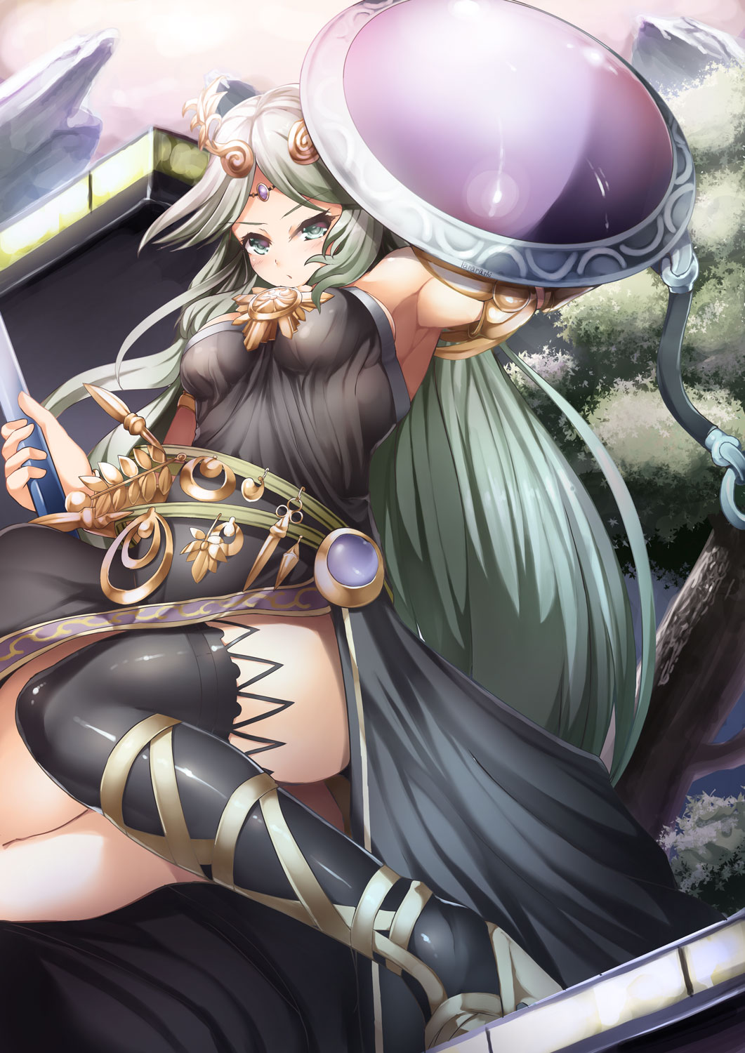 1girl, armpits, bare_shoulders, black_dress, black_legwear, blush, breasts, dress, green_eyes, green_hair, high_heels, highres, holding, jewelry, kid_icarus, long_hair, miurahha, necklace, palutena, plant, shield, single_thighhigh, solo, super_smash_bros., thigh-highs, tiara, tree, very_long_hair