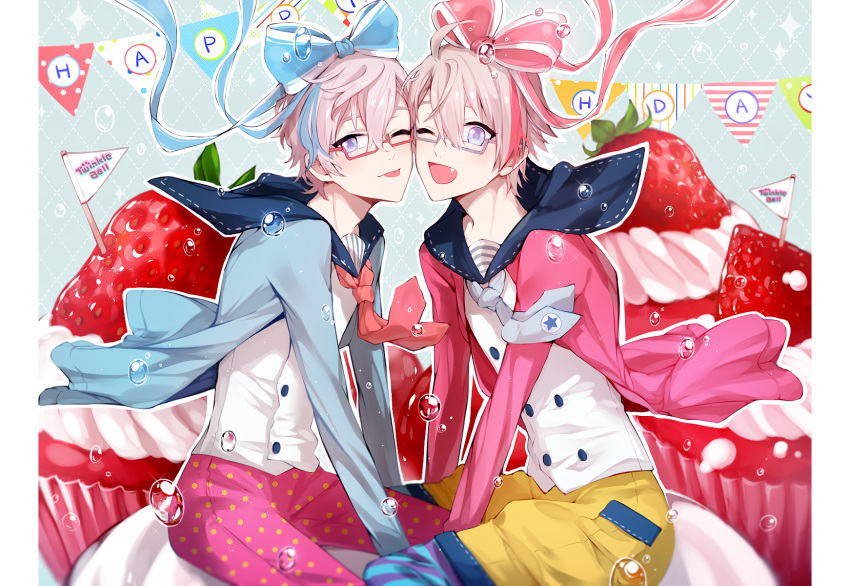 2boys, :p, berii_(cad_berry), blonde_hair, blue_eyes, blue_hair, bow, brothers