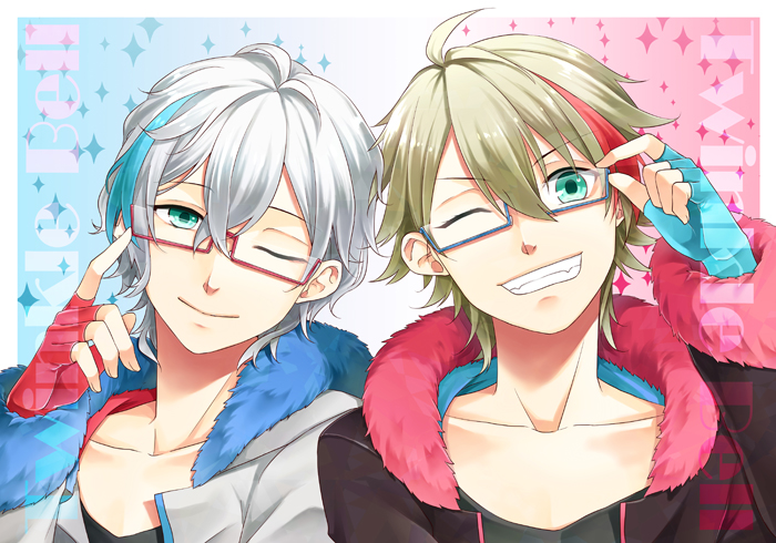 2boys, aqua_eyes, blonde_hair, blue_hair, brothers, closed_eyes, fangs, glasses
