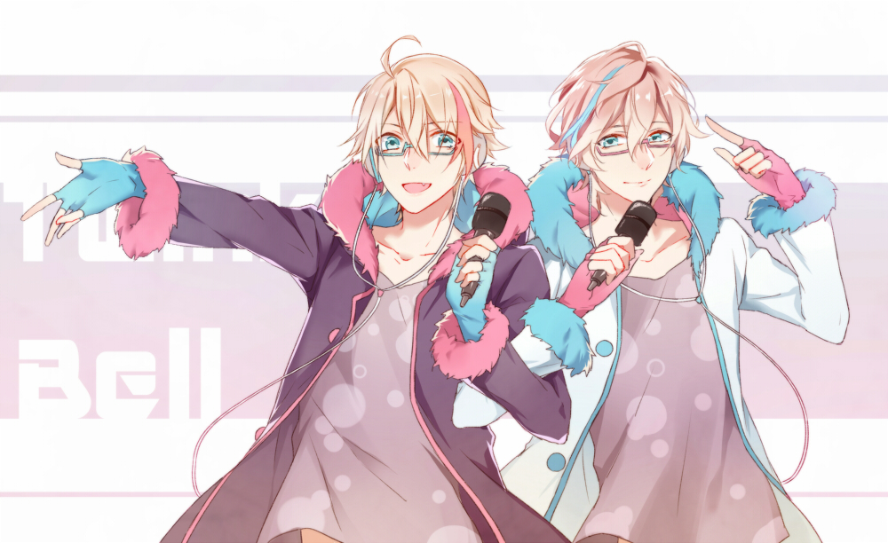 2boys, ahoge, blonde_hair, blue_hair, brothers, fang, fingerless_gloves, glasses