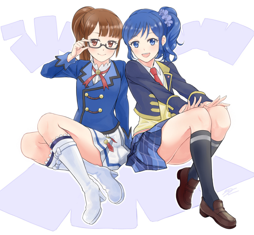 2girls, :d, adjusting_glasses, aikatsu!, blazer, blue_eyes, blue_hair, boots, brown_eyes, brown_hair, cosplay, costume_switch, crossover, glasses, highres, himu_hifumi, jacket, kiriya_aoi, kiriya_aoi_(cosplay), knee_boots, kneehighs, loafers, looking_at_viewer, minami_mirei, minami_mirei_(cosplay), multiple_girls, open_mouth, ponytail, pripara, school_uniform, shoes, skirt, smile