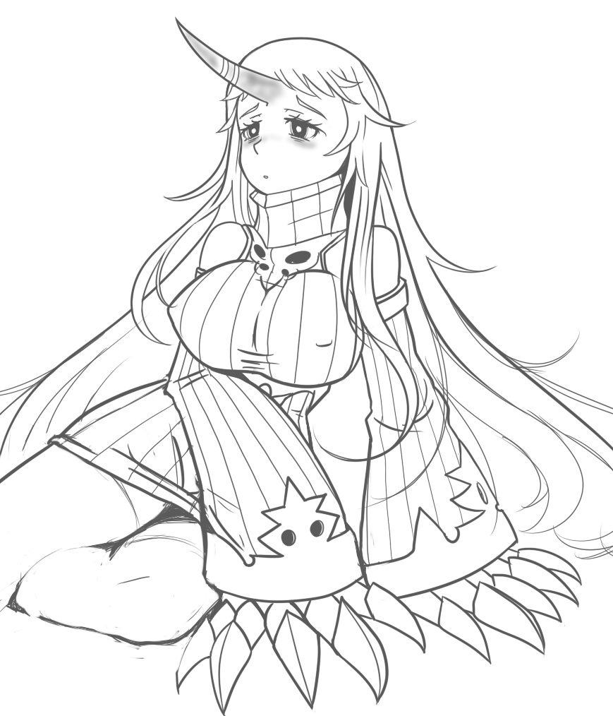 1girl, breasts, claws, dress, froggle, greyscale, horn, kantai_collection, large_breasts, long_hair, looking_away, monochrome, ribbed_dress, seaport_hime, short_dress, shoulders, sitting, sketch, solo, very_long_hair, white_background, white_hair