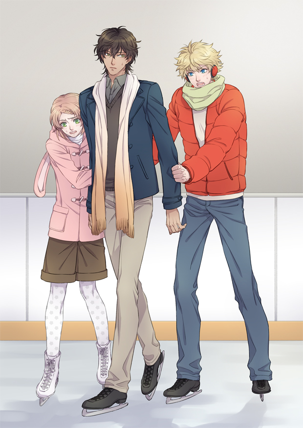 3boys, aidou_seiya, animal_hood, blonde_hair, braid, brown_hair, bunny_hood, coat