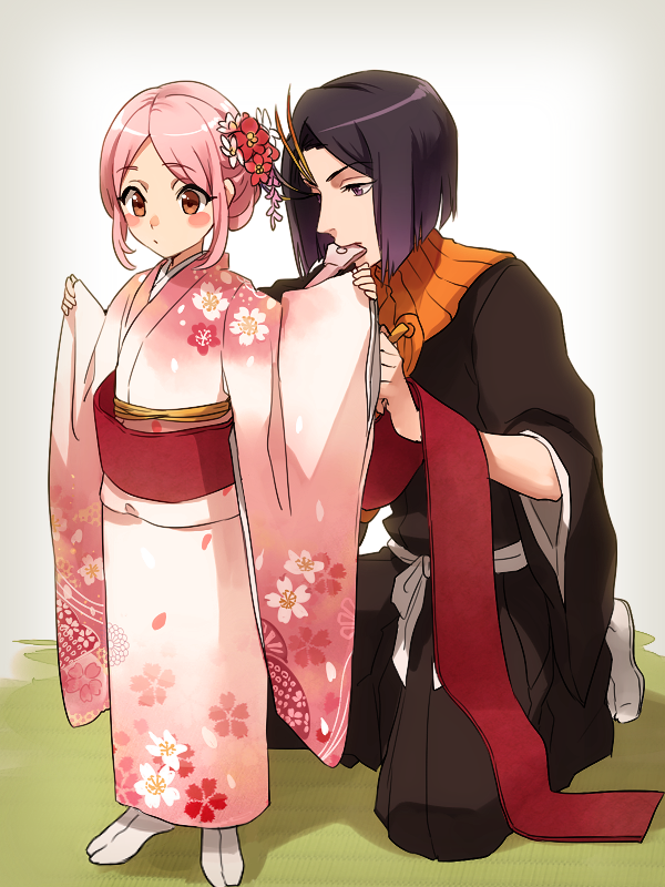 1boy, 1girl, ayasegawa_yumichika, bleach, blush_stickers, floral_print, flower, hair_flower