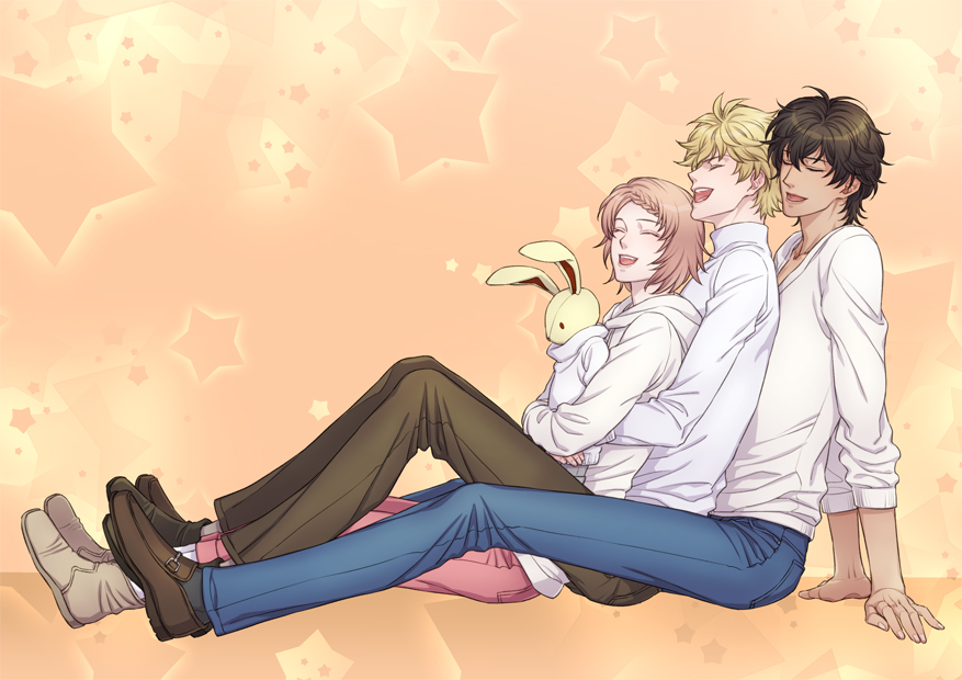 3boys, aidou_seiya, blonde_hair, braid, brown_hair, closed_eyes, group_hug, hood