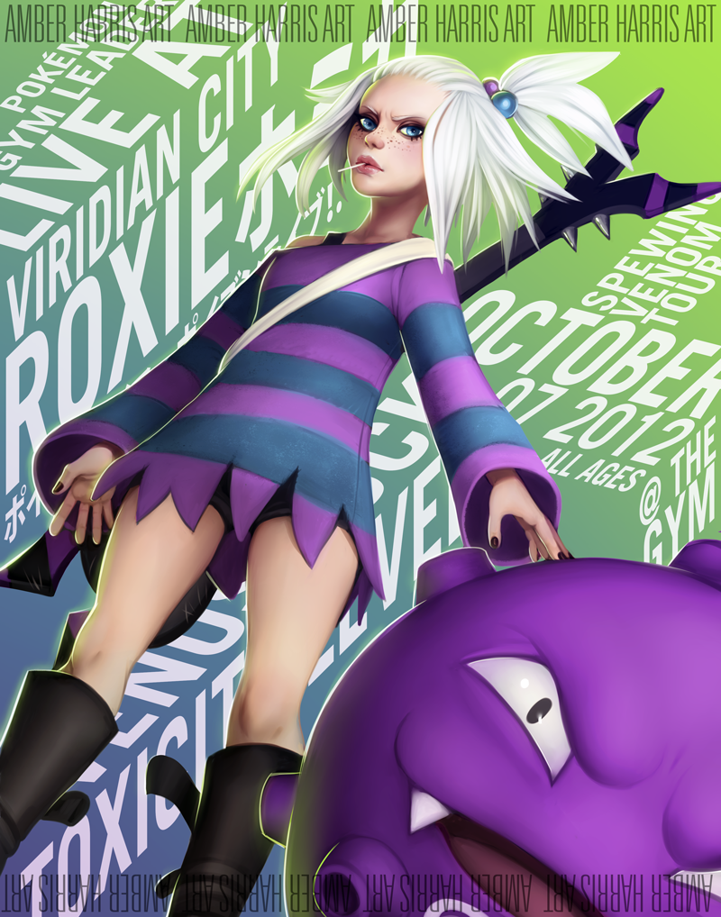 1girl, amber_harris, blue_eyes, boots, dress, freckles, gym_leader, hair_bobbles