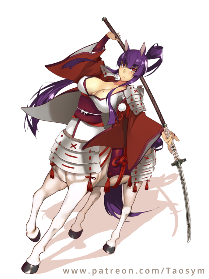1girl, animal_ears, armor, breasts, centaur, cleavage, holding, holding_weapon