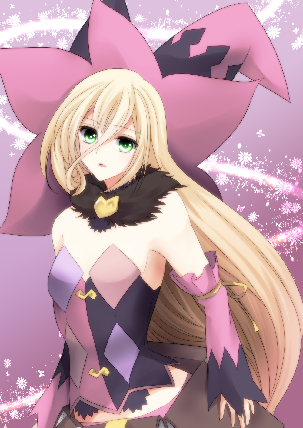 1girl, armpits, blonde_hair, book, cowboy_shot, detached_sleeves, feather_boa, green_eyes