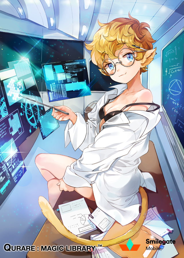 1girl, black_bra, blonde_hair, blue_eyes, blush, bra, breasts, chalkboard
