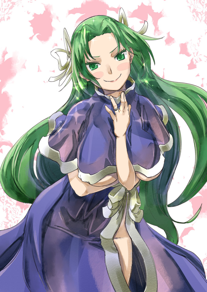 1girl, blush_stickers, breast_hold, breasts, capelet, commentary_request, green_eyes, hair_intakes