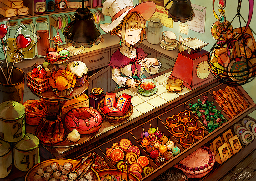 1girl, basket, brown_hair, cake, candy, chef_hat, closed_eyes, commentary_request, cup, doughnut, earrings, food, hat, interior, jewelry, kitchen_scale, lollipop, macaron, magic, milk, mole, mole_under_eye, muffin, original, pastry, shawl, shop, short_hair, solo, swirl_lollipop, teacup, teapot, tiered_tray, tiles, tsubaki_(teatime0), weighing_scale, witch_hat