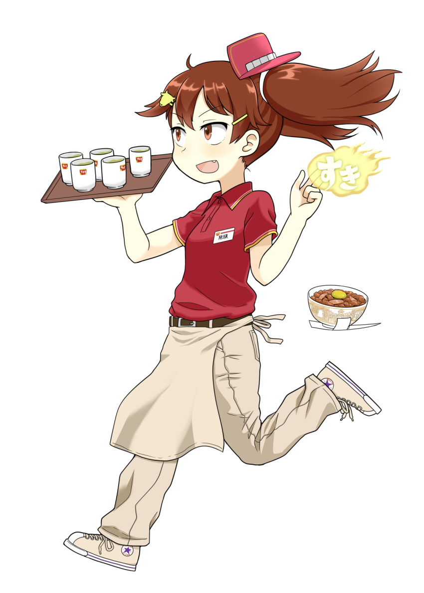 1girl, apron, brown_eyes, brown_hair, cup, employee_uniform, go_yasukuni, gyuudon