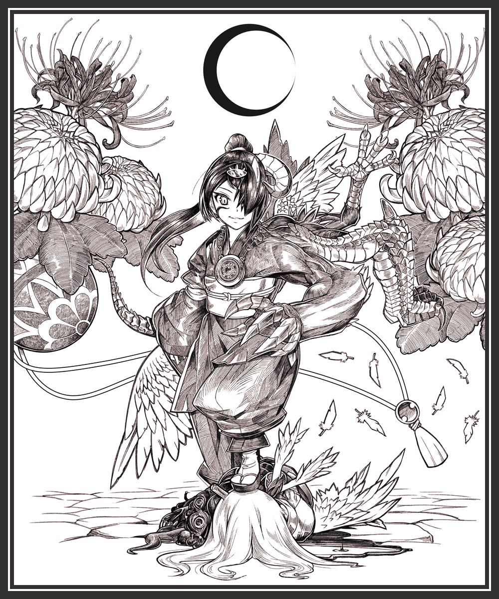 extra_arms, flower, hair_over_one_eye, highres, horns, monochrome, moon, multiple_girls