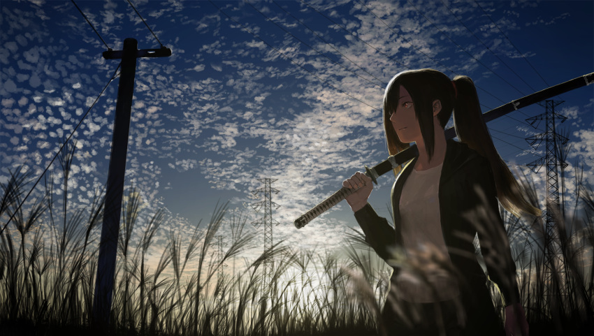 1girl, arm_at_side, bangs, black_hair, black_jacket, blue_sky, carrying_over_shoulder, closed_mouth
