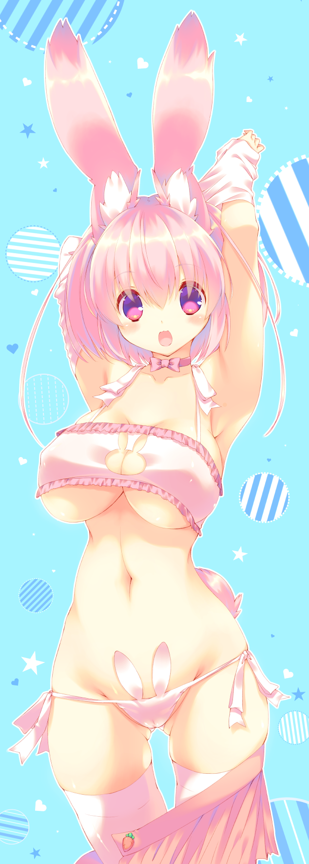 1girl, adapted_costume, animal_band_panties, animal_ears, armpits, ass_visible_through_thighs, bangs, blush, bra, breasts, bunny_cutout, carrot_print, cat_lingerie, choker, cleavage, cleavage_cutout, collarbone, eyebrows, eyebrows_visible_through_hair, hair_between_eyes, highres, large_breasts, looking_at_viewer, mutsuno_hekisa, navel, open_mouth, original, panties, pink_bra, pink_hair, pink_legwear, pink_panties, rabbit_ears, shirt, side-tie_panties, skirt, skirt_pull, smile, solo, standing, thigh-highs, under_boob, underwear, undressing, violet_eyes