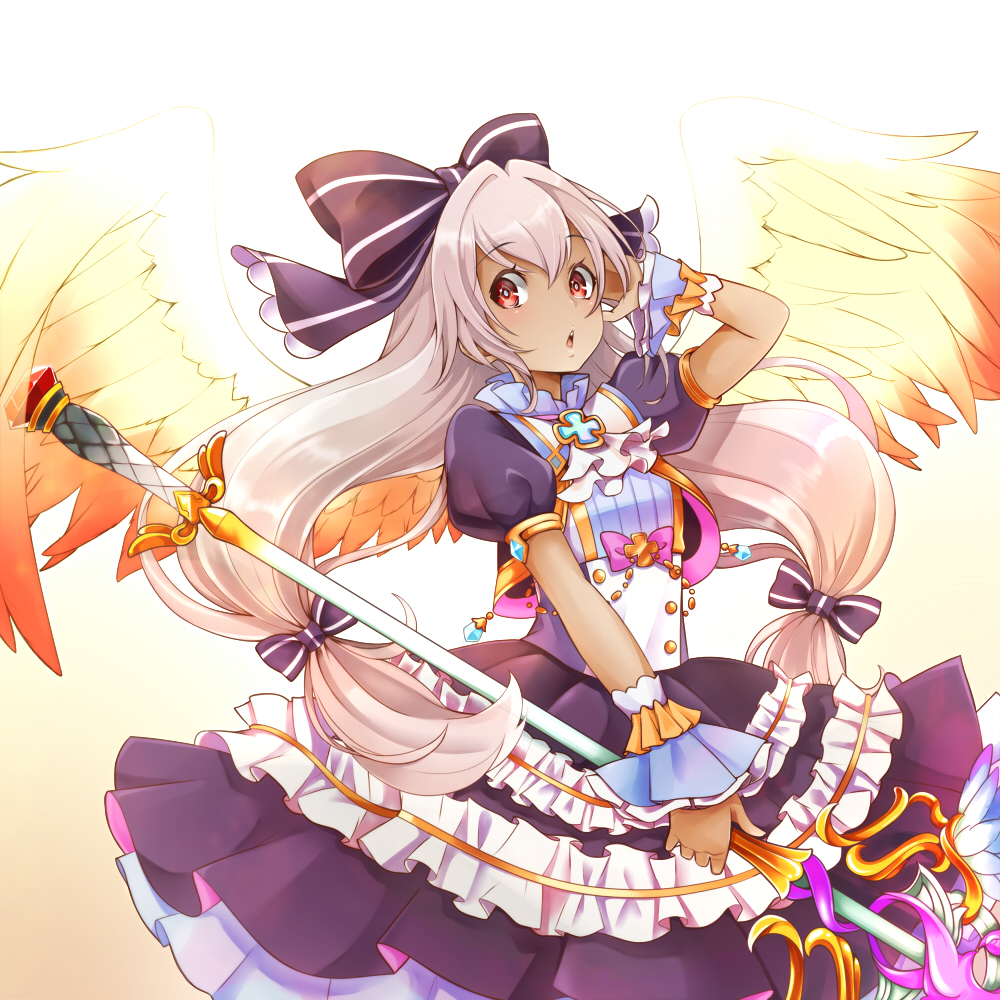 1girl, :o, adjusting_hair, bow, brown_eyes, chestnut_mouth, dark_skin, feathered_wings, hair_bow, hair_ribbon, hilo_(joy_hero), holding, long_hair, looking_at_viewer, mireille_(shironeko_project), ribbon, shironeko_project, silver_hair, solo, staff, tan, wings