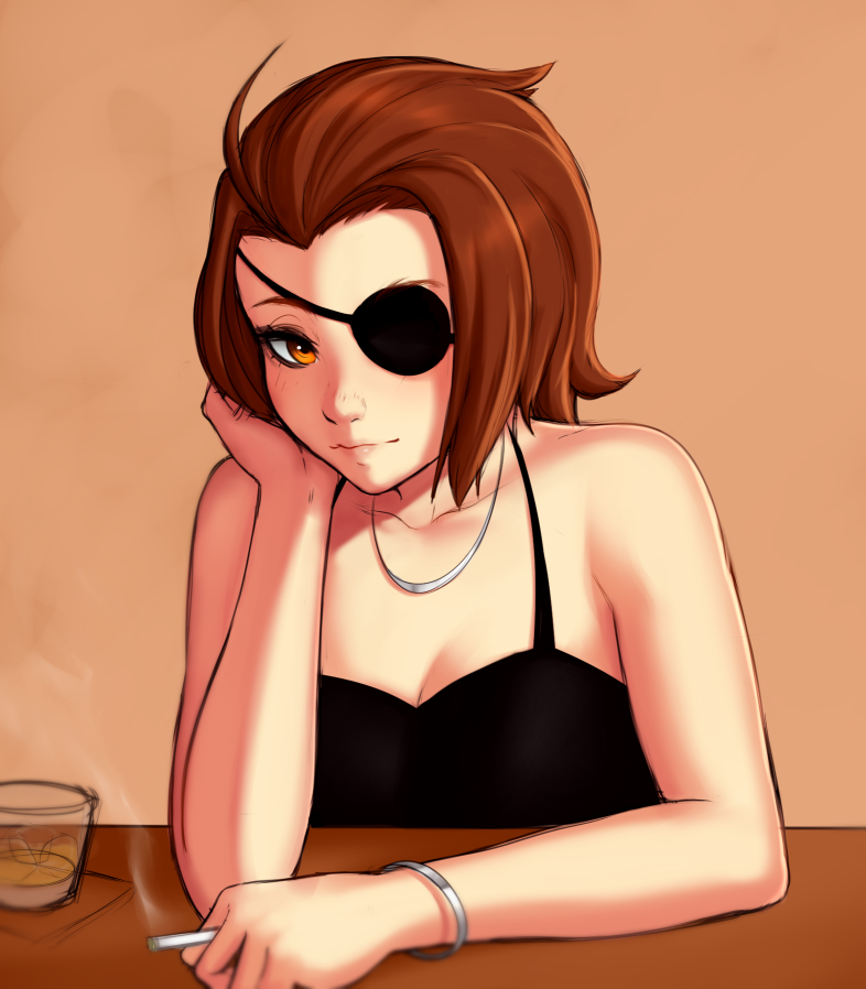 1girl, bare_shoulders, black_dress, borrowed_character, bracelet, breasts, brown_eyes, brown_hair, chin_rest, cigarette, cleavage, commentary, dress, eyelashes, eyepatch, eyeshadow, jane_doe_(john_doe), jewelry, makeup, necklace, original, razalor, short_hair, smoking, solo, spaghetti_strap