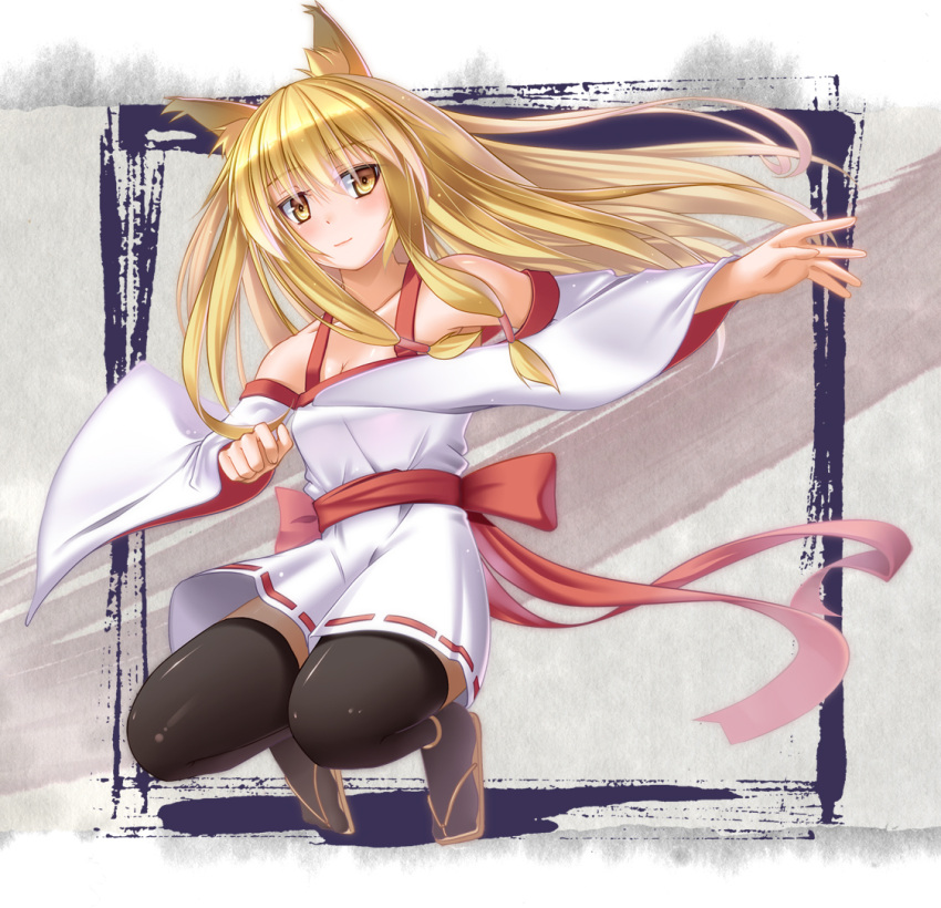 1girl, animal_ears, bare_shoulders, black_legwear, blonde_hair, detached_sleeves, dress, fox_ears