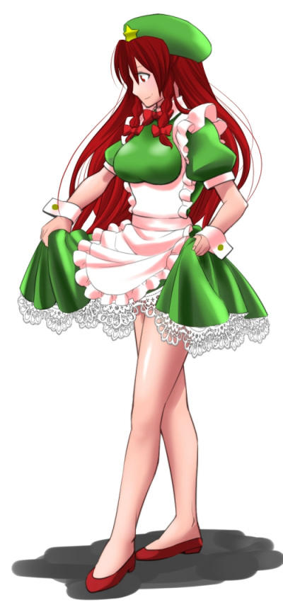 1girl, adapted_costume, alternate_costume, alternate_eye_color, apron, beret, bow, bowtie