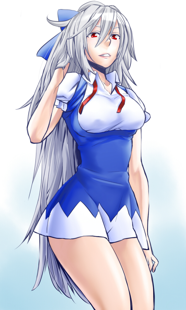 1girl, :d, blue_bow, bow, breasts, cirno, cirno_(cosplay), commentary_request