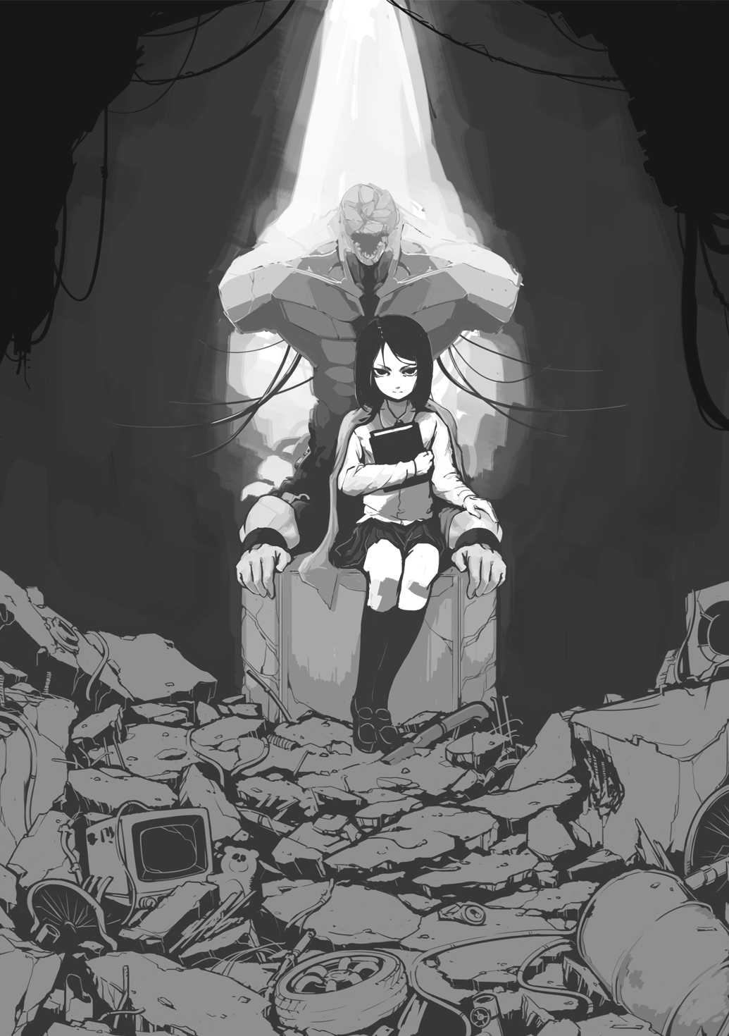 1girl, a2_(a2-king-show), barrel, black_legwear, book, can, cape, crack