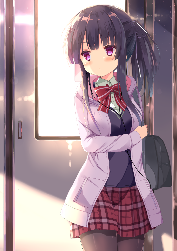1girl, bag, black_hair, blush, dan_ball, earphones, long_hair, original
