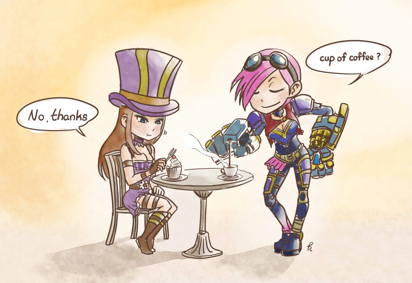2girls, blue_eyes, blush, boots, breasts, brown_hair, caitlyn_(league_of_legends), catnap_knight_kureto
