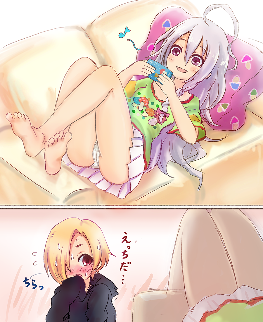 2girls, ahoge, barefoot, blonde_hair, blush, braid, cellphone, comic