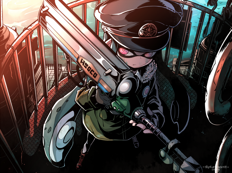 1girl, beret, brown_eyes, dress_shirt, from_above, gloves, green_hair, gun