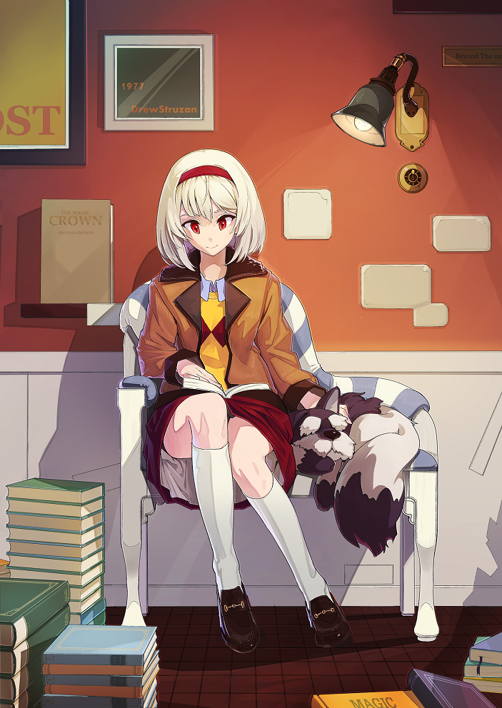 1girl, albino, artist_request, blonde_hair, book, coat, dog, lamp, looking_down, lying, reading, red_eyes, schnauzer, sitting, skirt, smile, socks, solo, tail